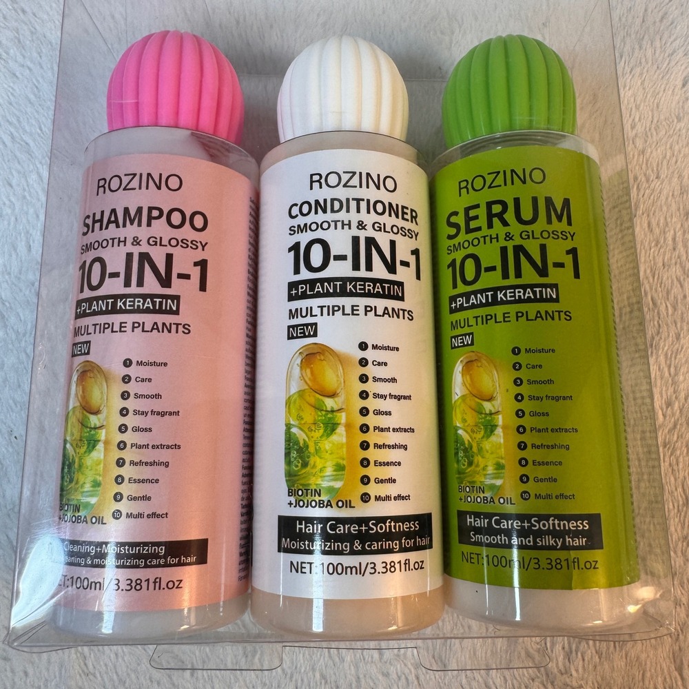 ROZINO 10-in-1 Shampoo Conditioner Serum Set Keratin Biotin Jojoba 3pc New